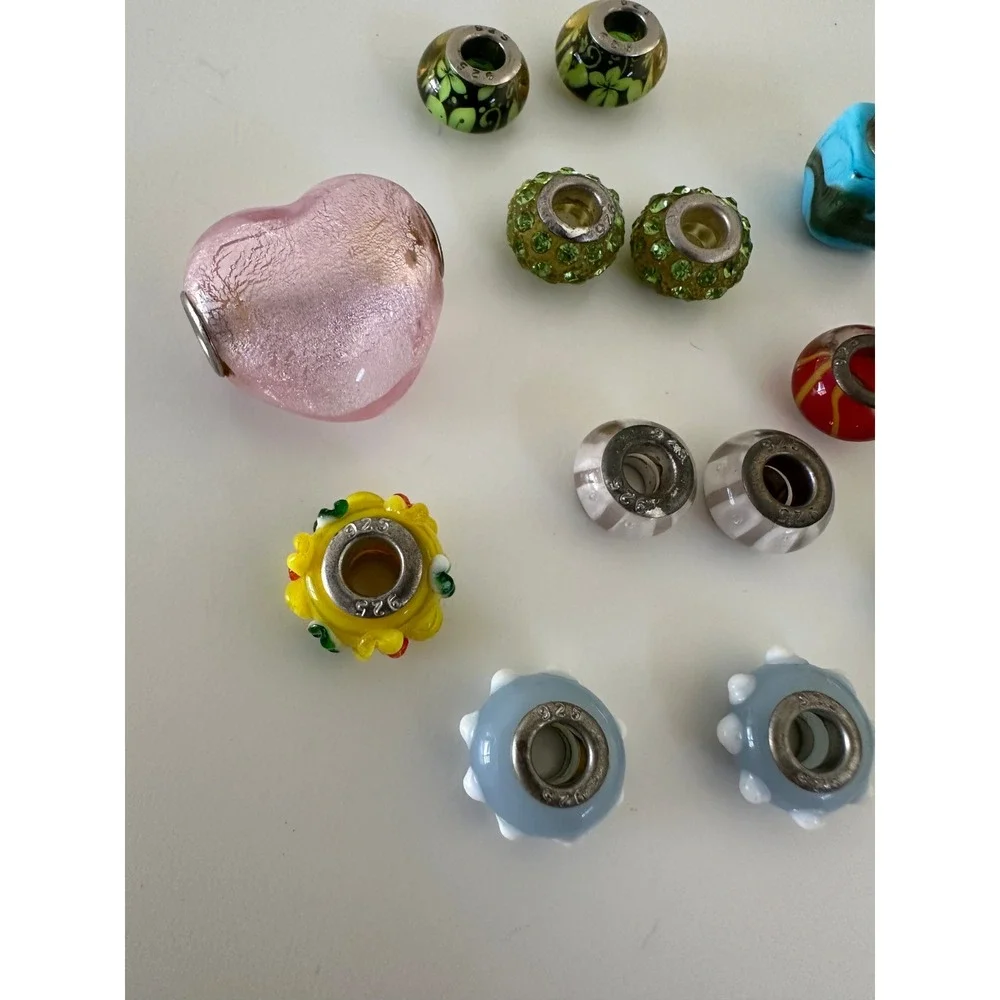 Slider Bead lot 15 Pink Heart Glass Silver 925 Charm Crystals Cupcake Multicolor
